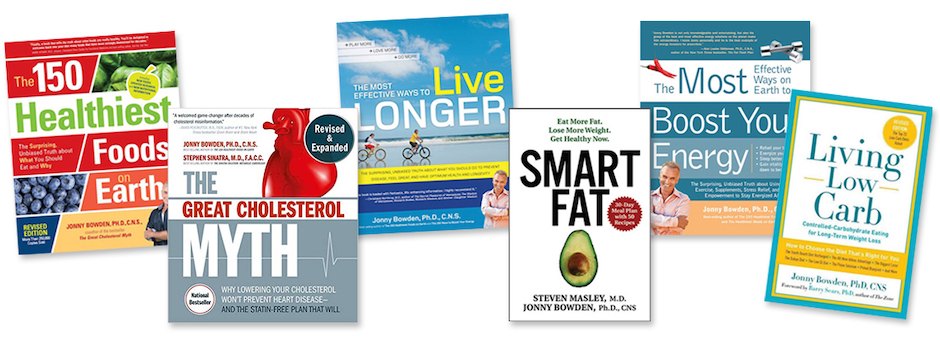 A shelf of Dr. Jonny Bowden's books, including The Great Cholesterol Myth and The 150 Healthiest Foods on Earth